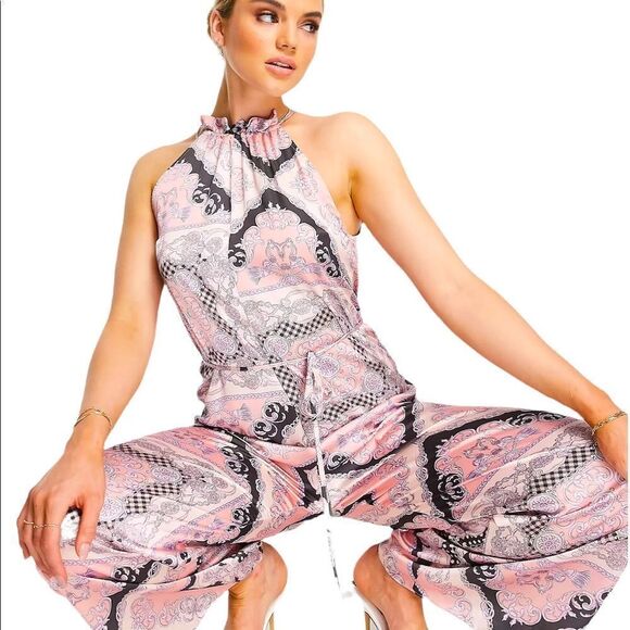 River Island scarf print halter jumpsuit in pink - Picture 1 of 13